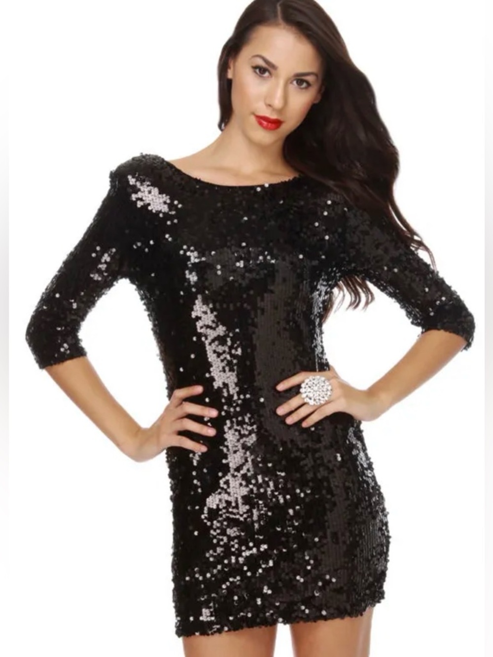 LULUS Blaque Label Supernova Black Sequin Open Back Bodycon Dress EUC